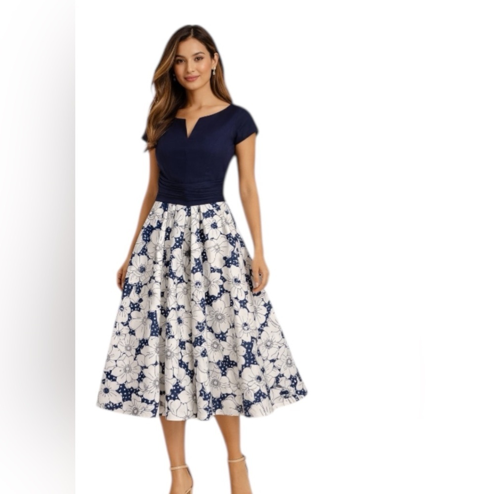 Shakti Navy Blue Floral Midi Dress Cap Sleeves Fit & Flare Size M 10